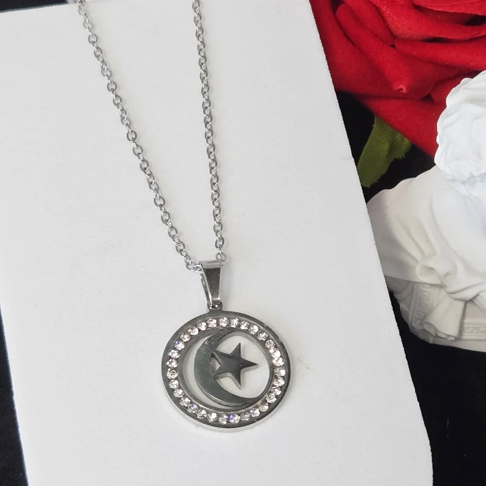 Crescent Moon Star Necklace Silver CZ Crystal Celestial Pendant Stainless Steel